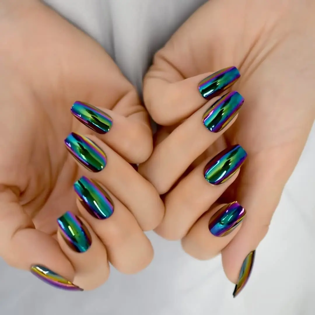 Press on Nails Chrome Magic Mirror Effect Green Purple Holo False Nails Medium Coffin Reusable Wear Fake Nails 24 Nail Kit