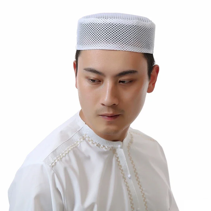 Men's Muslim Prayer Hat Solid Color Mesh Breathable Comfortable Arab Islamic Mosque Dubai Prayer Hats 56CM-60CM