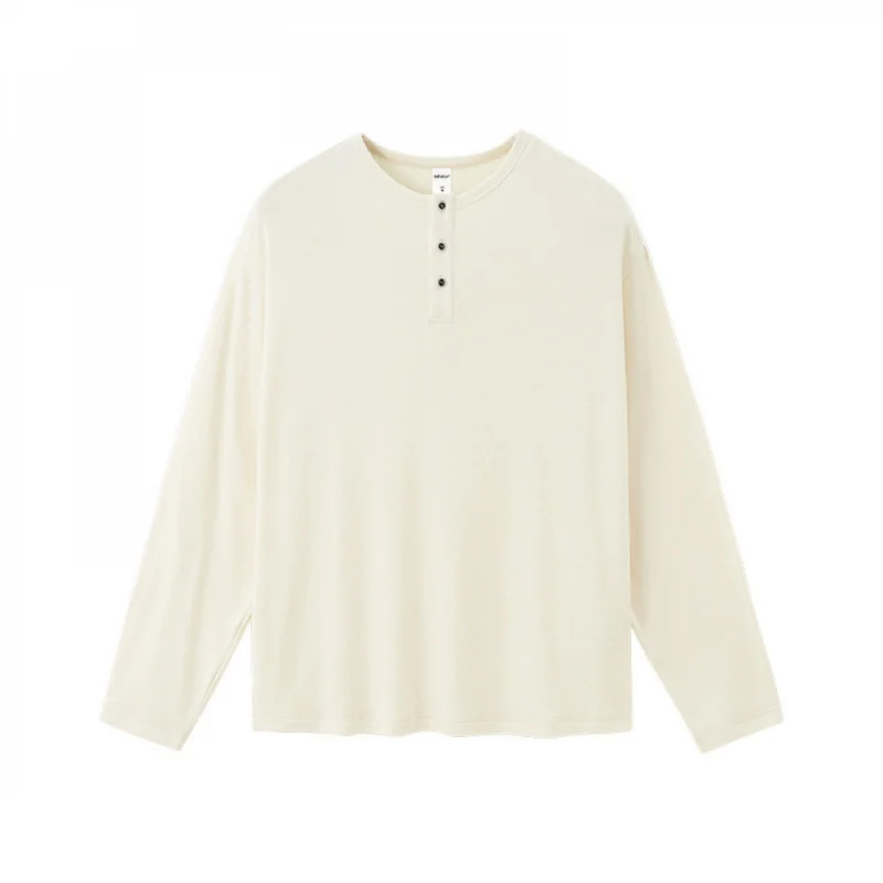 

Men'S Beige Long Sleeve Henley Shirt, Casual Plain Color Soft Comfortable Basic Top For Daily Wear