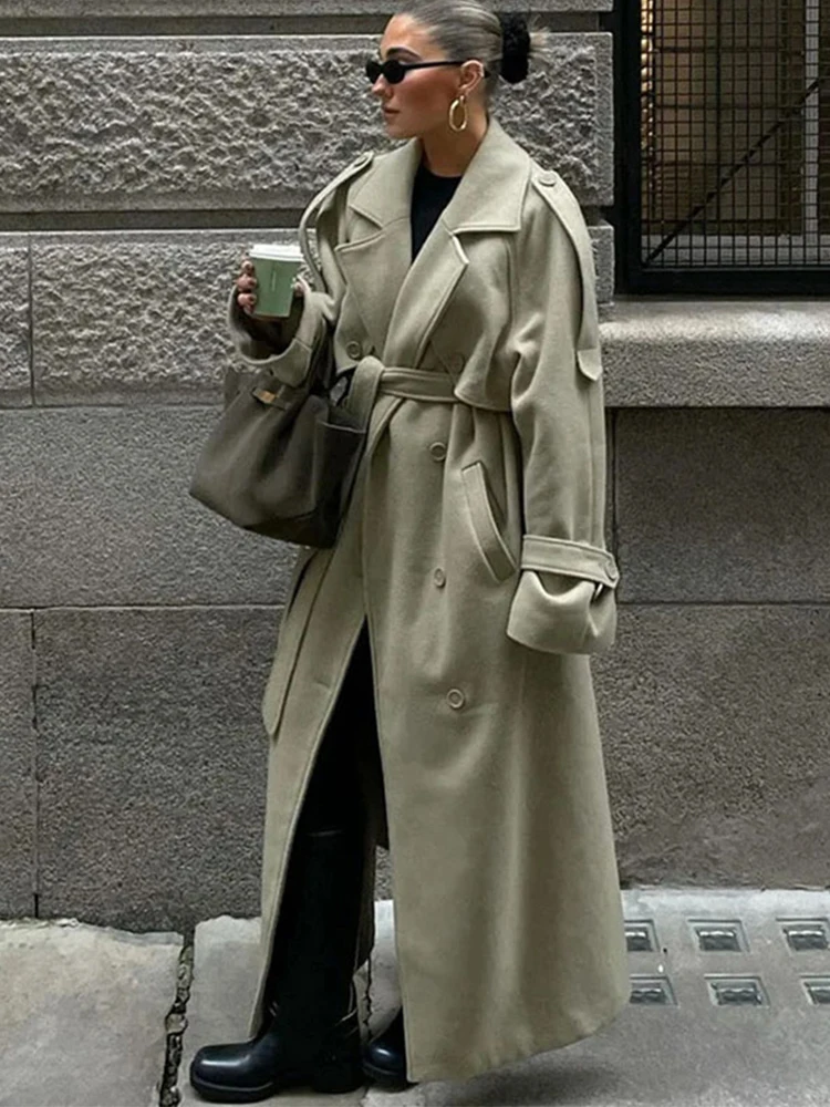 

Women's Wool Blend Maxi Dress Coat Oversized Cape Lapel Belted Chic Outerwear Loose Thin Autumn Winter Fashion Streetwear