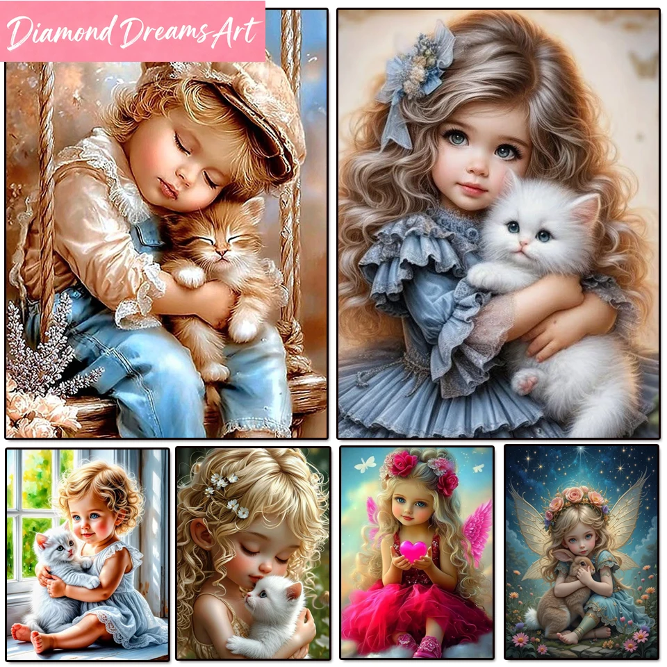 Frameless,5D DIY New Diamond Painting Girl Boy And Cat Full 