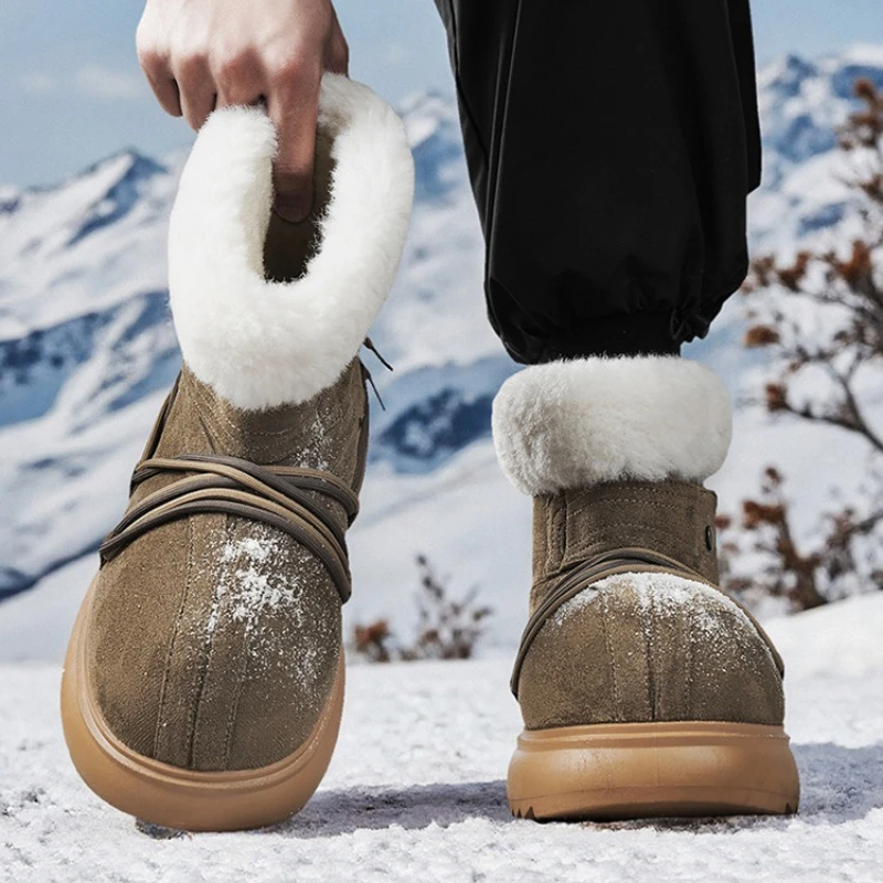 Man Snow Boots Concise Style Plush Chunky Winter Woman Short Boot Solid Color Slip-on Unisex Outdoor Round Head Cotton Shoes