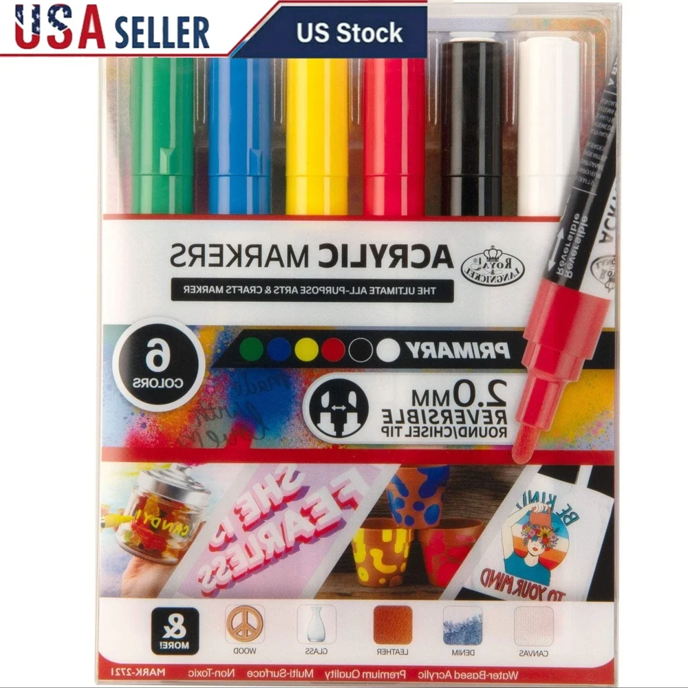 

6 Piece Acrylic Reversible Tip Markers Multi-Surface Art Supplies Non-Toxic Fine Detail Lettering Illustrations Crafting