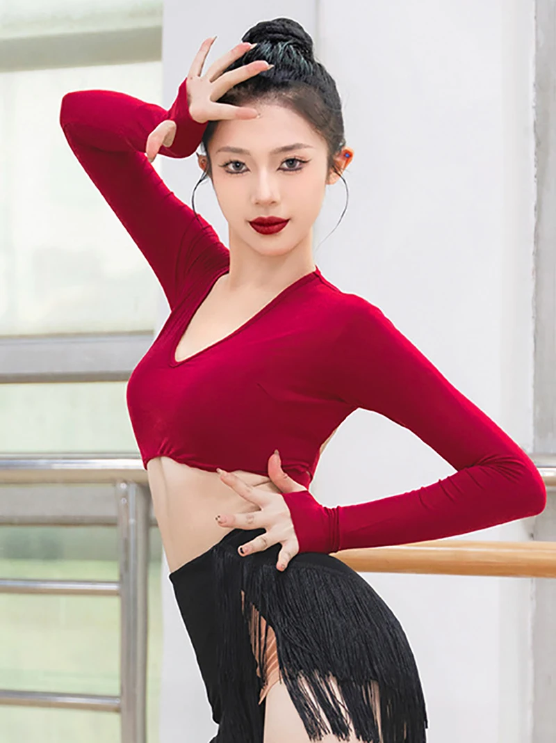 

Long Sleeve Top with Hollow Out Back Crossed Latin Dance Clothes Daily National Standard Practice for Women with Chest Pad