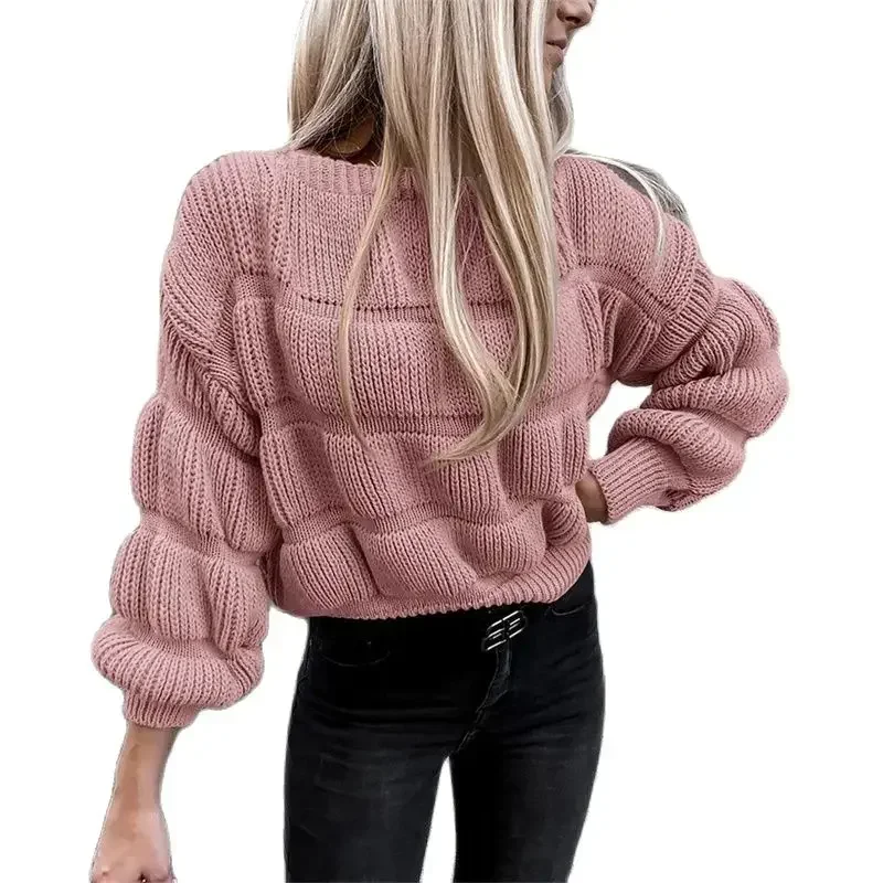 

Autumn Winter Solid Color Thickened Warm Sweater Women Casual Commuter Knitwear Knitted Tops Female Lantern Long Sleeve Jumpers