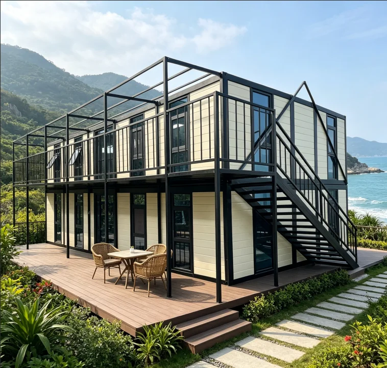 Double Storey Expandable Container House with Staircase, Family Villa Prefab for Narrow Lot
