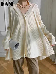 [EAM] Apricot Big Size Casual Knitting Cardigan Sweater V-Neck Long Sleeve Women New Fashion Tide Spring Autumn 2024 1DH6456