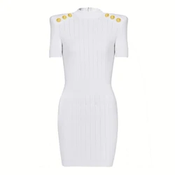 SML High Quality Fashion New Knitted Elastic Fabric Shoulder Button Short Sleeve Half High Neck Slim Fit Women's Dress