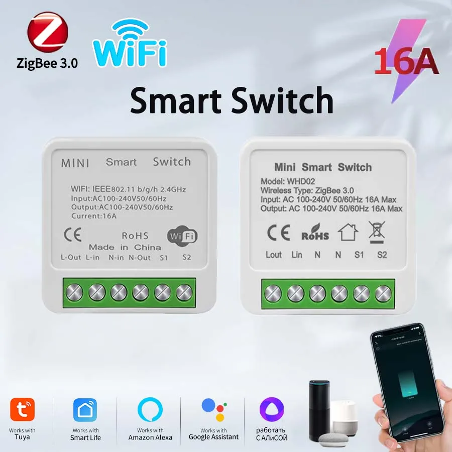 

Умный переключатель ZigBee/WiFi Tuya, 16A, 100-240 В, 2-стороннее управление, мини-выключатель, реле, приложение Smart Life, голосовое управление, Alexa Google Assistant