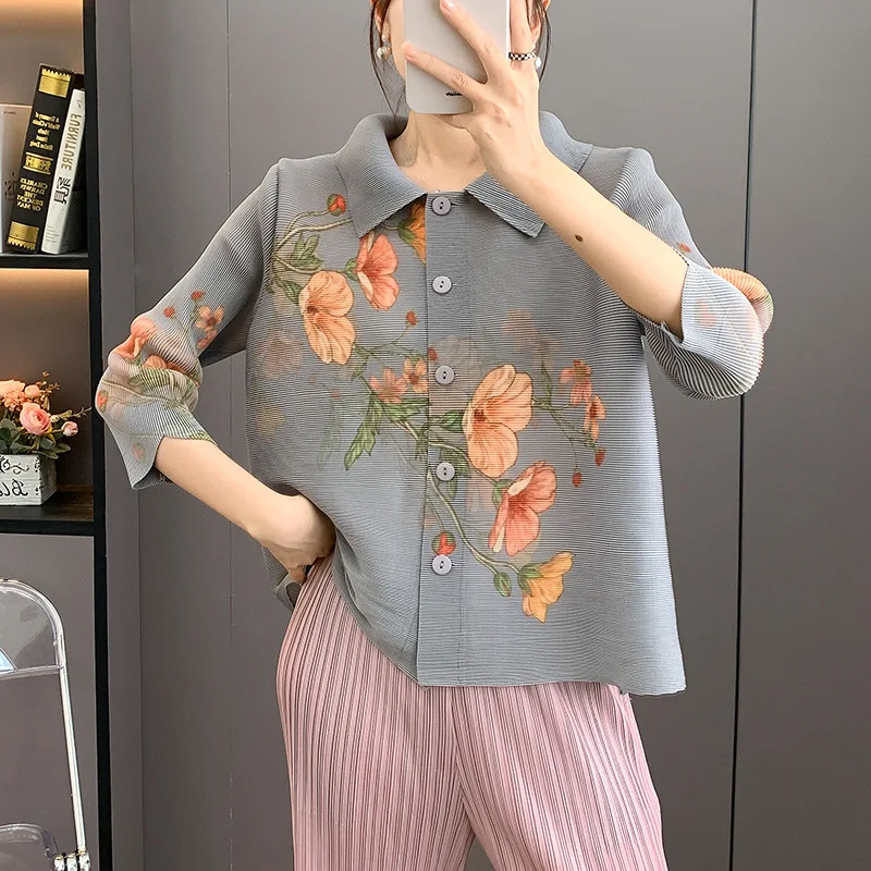 Miyake 2025 Autumn New Folded Jacket Women's Fashion Pleated Simple Versatile Solid Color Lapel Plisse Casual Cardigan Top