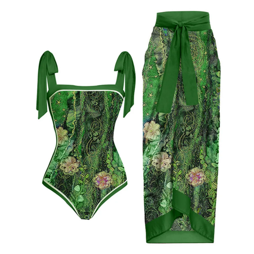 Colorful Printed One-Piece Swimsuit with Skirt High-Waisted Anti-Exposure Design Women's Beachwear Elegant Cover-Up