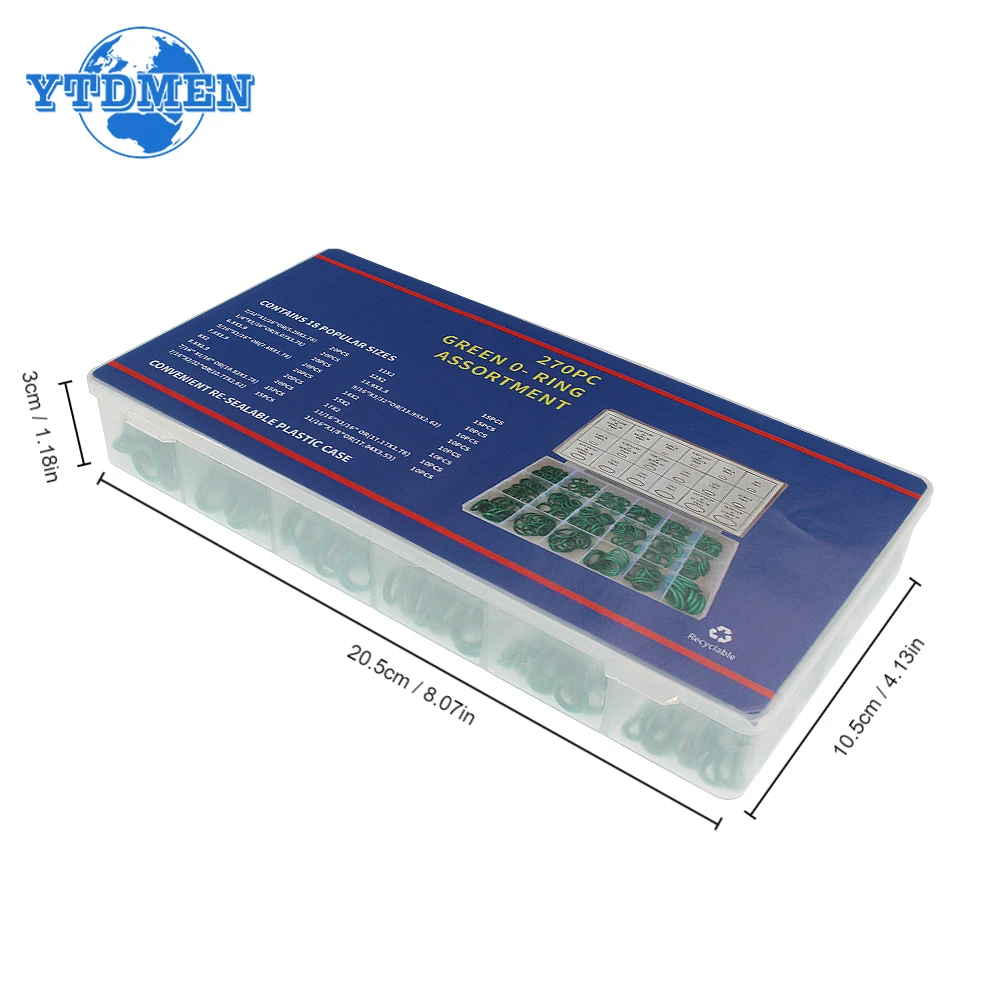 265 sztuk/270 sztuk zestaw naprawczy o-ringów 18 rodzajów trwałych zielonych gumowych pierścieni uszczelniających, do kompresora klimatyzacji samochodowej kompletny