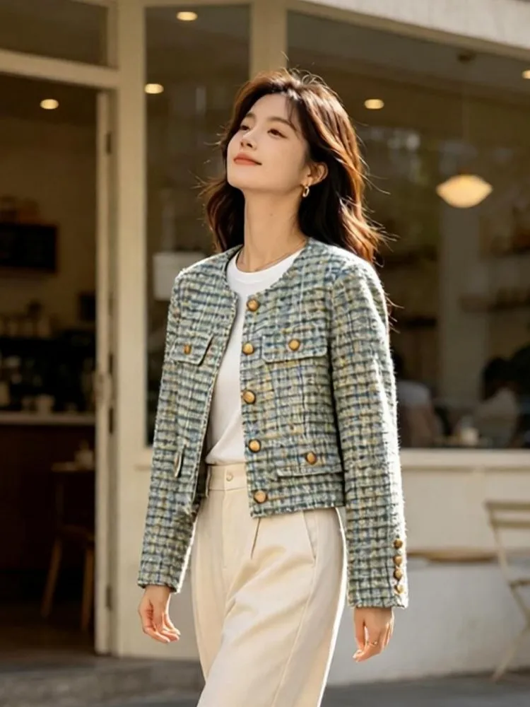 French Style Women Multi Pockets Single Breasted O Neck Loose Fit Jacket Designer Autumn Office Ladies Coat Elegant Party Jacket