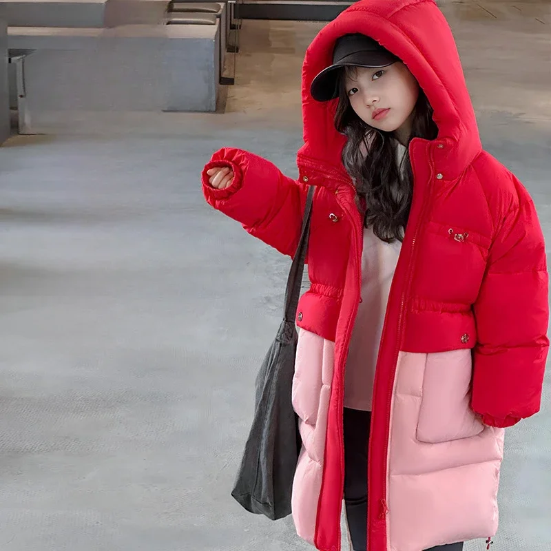 

Girls White Duck Down Thick Long Down Jacket Winter New Loose Foreign Style Matching Color Hooded Coat Korean Simple Style