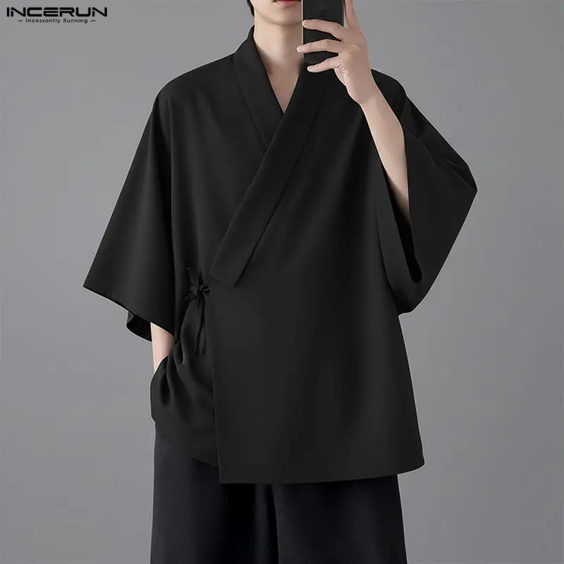 INCERUN Men Shirt Solid Color V Neck 3/4 Sleeve Casual Men Clothing Lace Up Streetwear Fashion Leisure Male Tops Shirts Harajuku