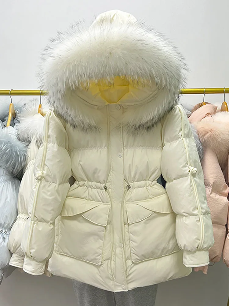 Novo inverno grande real pele de guaxinim com capuz pato para baixo jaqueta de enchimento feminino solto à prova dwaterproof água puffer casaco engrossado quente macio parka