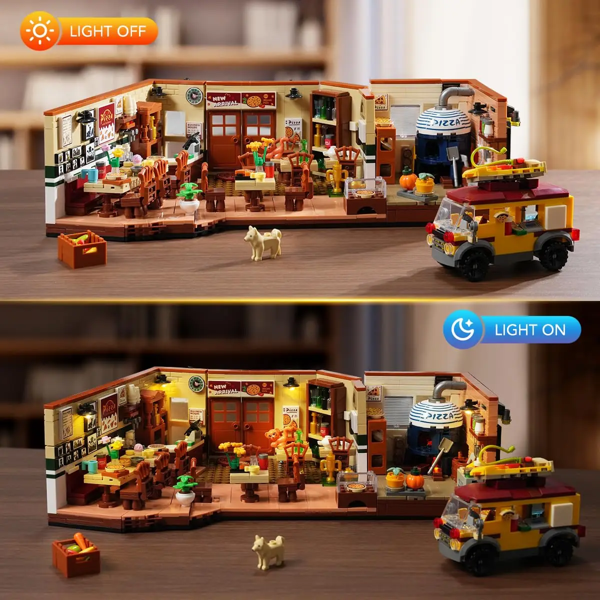 مجموعة بناء مطعم بيتزا ستريت مع منزل LED مع ديكور منزلي ريترو فان هدية مكعبات بناء للبالغين والمراهقين #3