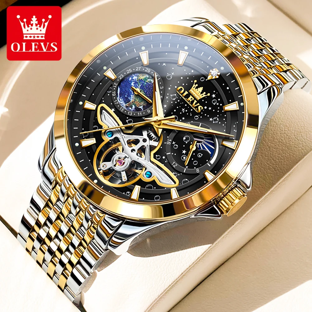 OLEVS-reloj mecánico totalmente automático para hombre, cronógrafo de fase lunar, resistente al agua, correa de acero inoxidable, esfera luminosa de cielo estrellado, calendario