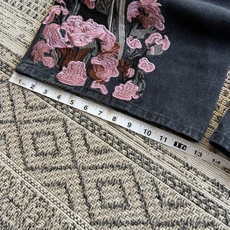 Y2K Vintage Baggy Fallen Knight Cherry Blossom Embroidery Jeans Men Women Fashion Straight Wide-leg Denim Pants Streetwear Jean