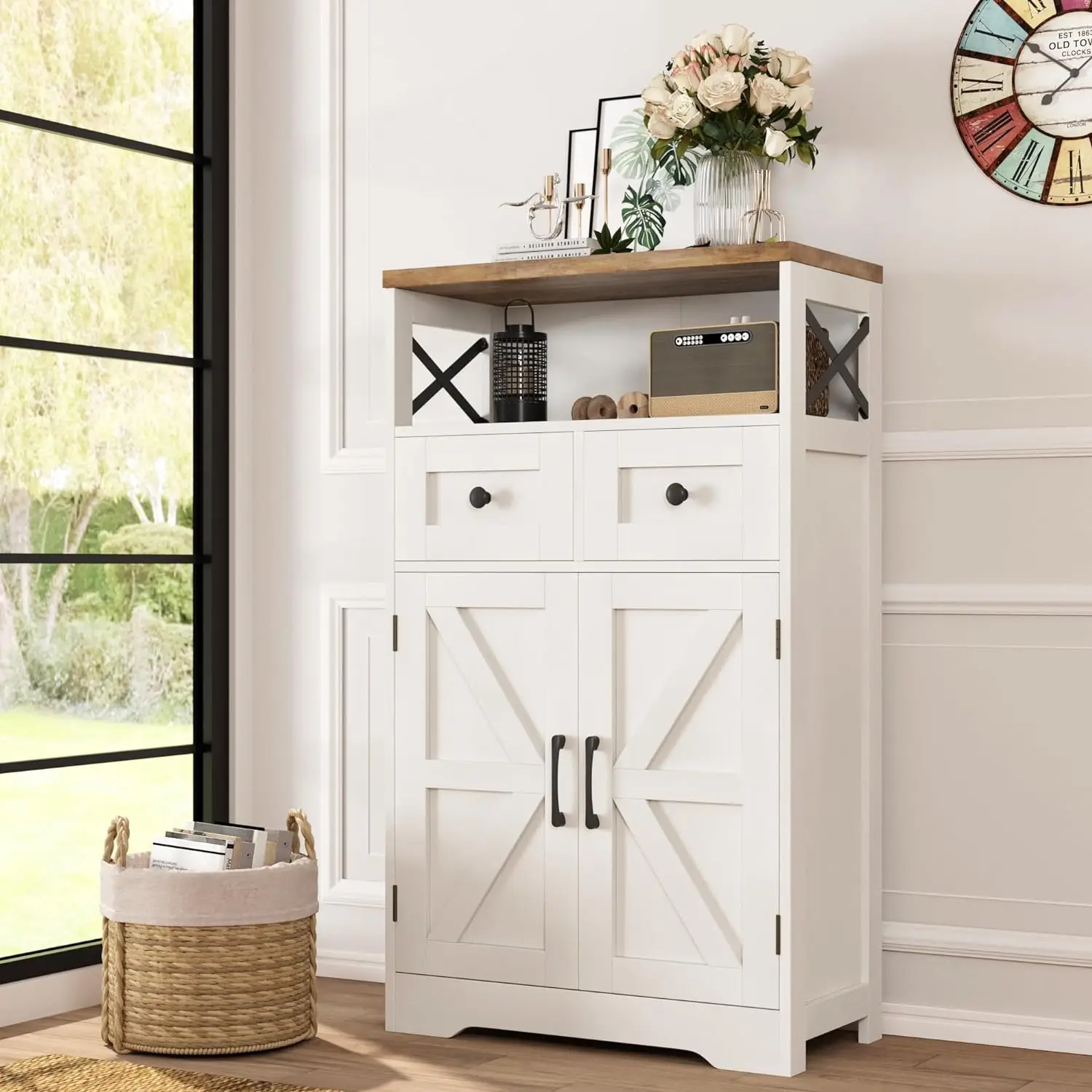 

White Storage Cabinet with Doors and Drawers, Freestanding Kitchen Pantry Cabinet, Floor Storage Cabinet Hutch Cupboard