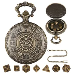Dice Pattern Retro Themed Cover Antique Empty Pocket Watch Case with 7pcs Antique Collection Dice and 38cm Waist Hook Chain