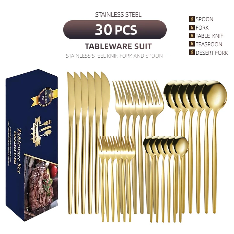 

30pcs/set High Quality Tableware Reusable Travel Cutlery Set Camp Utensils Set With Stainless Steel Spoon Fork For 6 People