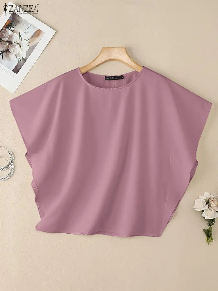 ZANZEA Eleganckie i szykowne bluzki damskie na lato 2025, stylowe bluzki z rękawami typu dolman, dekolt okrągły, jednolite kolory, codzienna odzież damska, rozmiary S-3XL