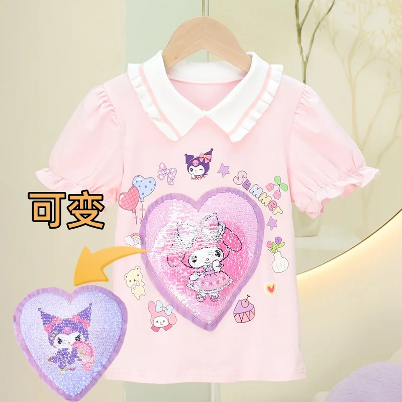 T-Shirt à Manches Courtes en Coton pour Enfant, Dessin Animé, Sanrios, Kawaii, My Melody, Kuromi, Vêtements d'Été à la Mode