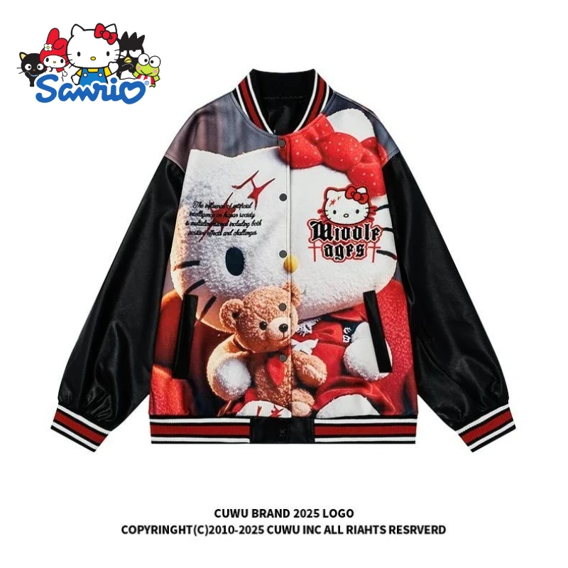 

Sanrio Hello Kitty Printed Leather Jacket Women's and Men's Spring and Autumn American Retro Trend Casual Baseball Jacket Gift