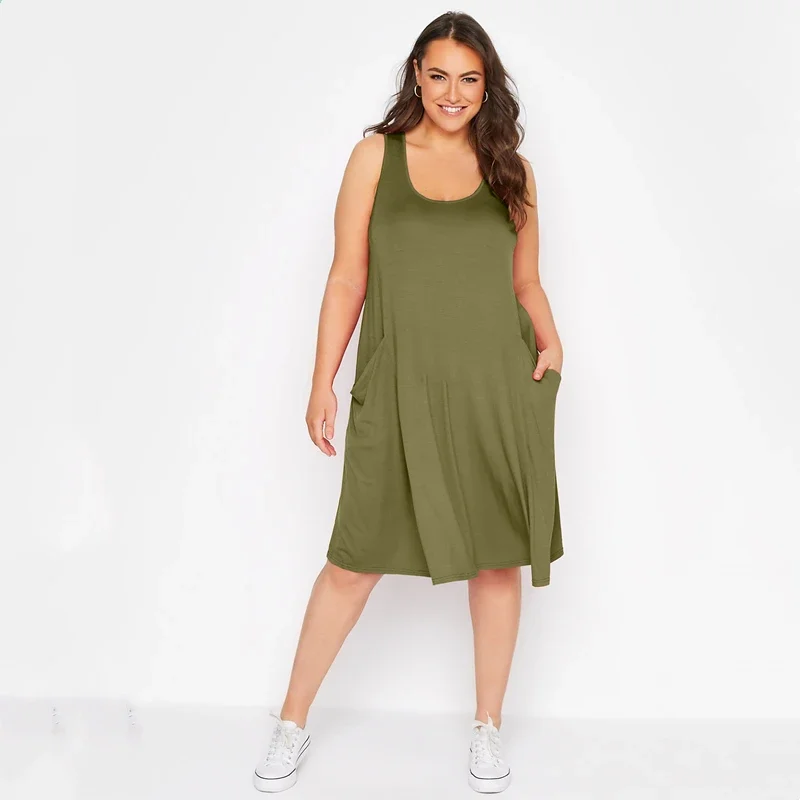 Plus Size Sleeveless Summer Elegant Tank Dress Women Drape Pocket Loose Casual Midi Swing Dress Plus Size Clothing For Women 6XL