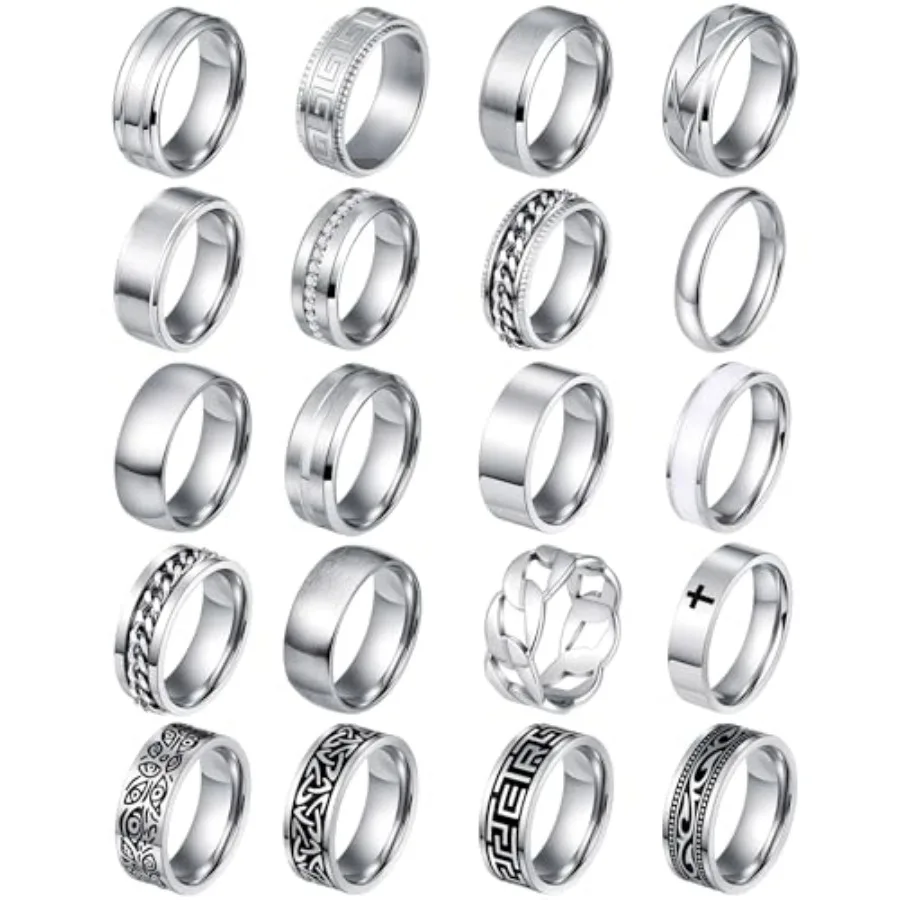 

FIRAZIO 20PCS Silver Rings for Men Stainless Steel Rings Fidget Vintage Signet Ring Set Promise Engagement Wedding Ring Gifts J
