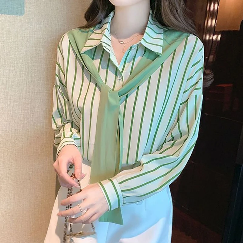 Spring Autumn New Turn-down Collar Long Sleeve Fashion Shirt Women High Street Casual Striped Button Cardigan Elegant Lacing Top