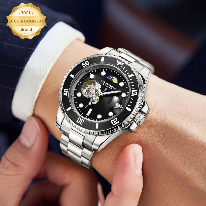 Luolingongjue Green Water Ghost Men's Watch Mechanical Watch Fully Automatic Waterproof Luminous Hollow Calendar Moon Phase Role Black Water Ghost Top Brand Luxury Original Watch