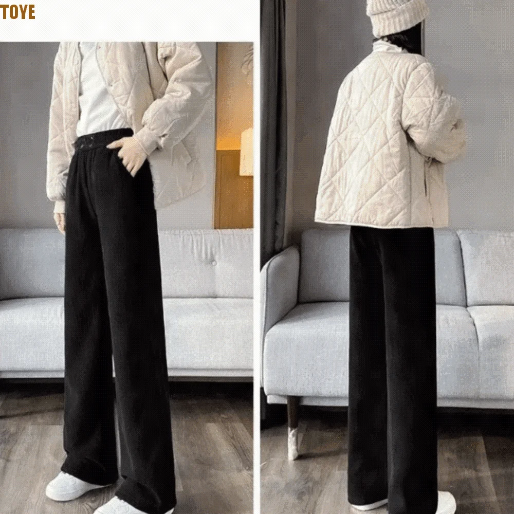 

High Waist Wide Leg Pants Thickened Fleece Elastic Waist Fleece Lined Pants Loose Fit Corduroy Material Straight Pants