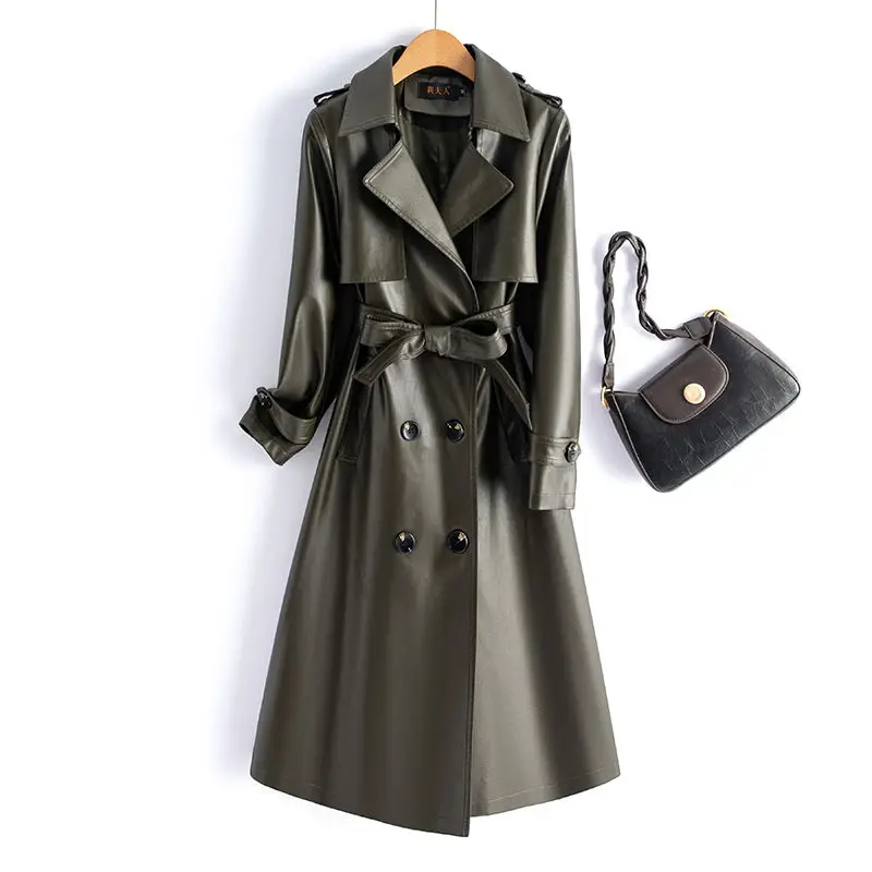 Leather Women Long Korean Version of The New Foreign Style Sheep Fur Coat Autumn and Winter Leather Trench Coat with Belt Waist