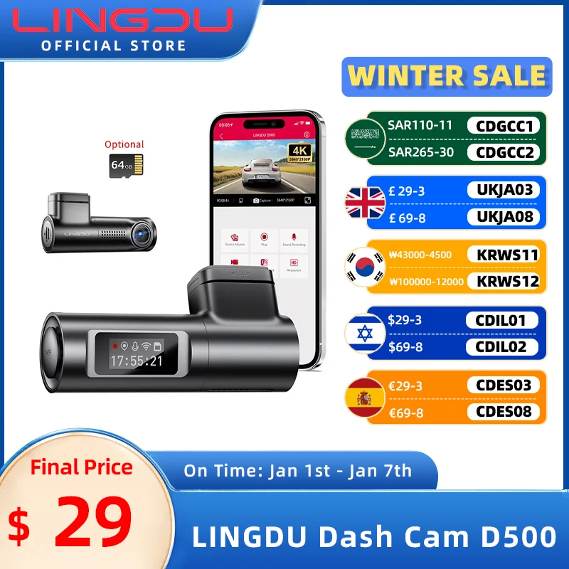 LINGDU 4K Dash Cam D500 Ultra HD Front Car Camera Built-in GPS Record Car DVR 24H Parking Monitor 150°FOV WIFI APP Voice Control