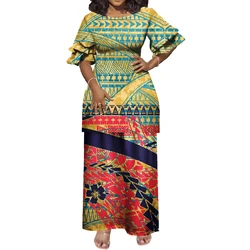 Double Layer Sleeve Elegant Hawaiian Floral Printed Long Dress Large Size Polynesian Clothing Puletasi Samoa Women Dresses