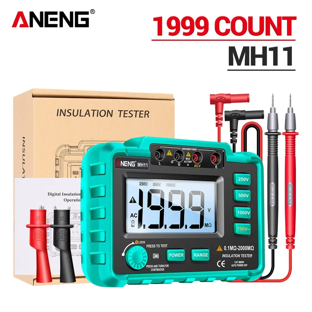 

ANENG MH11 Insulation Resistance 2000MΩ Testers Digital Meters Ohm High Voltage Megohmmeter Meter Non-battery Carry Tools