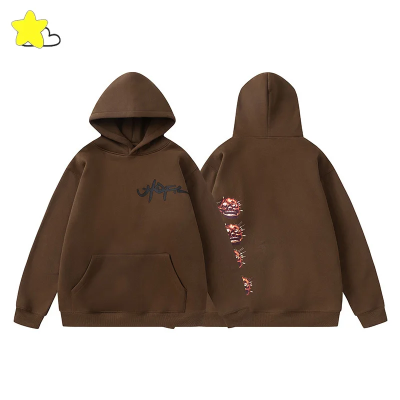 Bluza z kapturem 25FW wysokiej jakości bawełna luźna klasyczna nadruk literek logo potwór kaktus Jack męska damska dla par brązowa