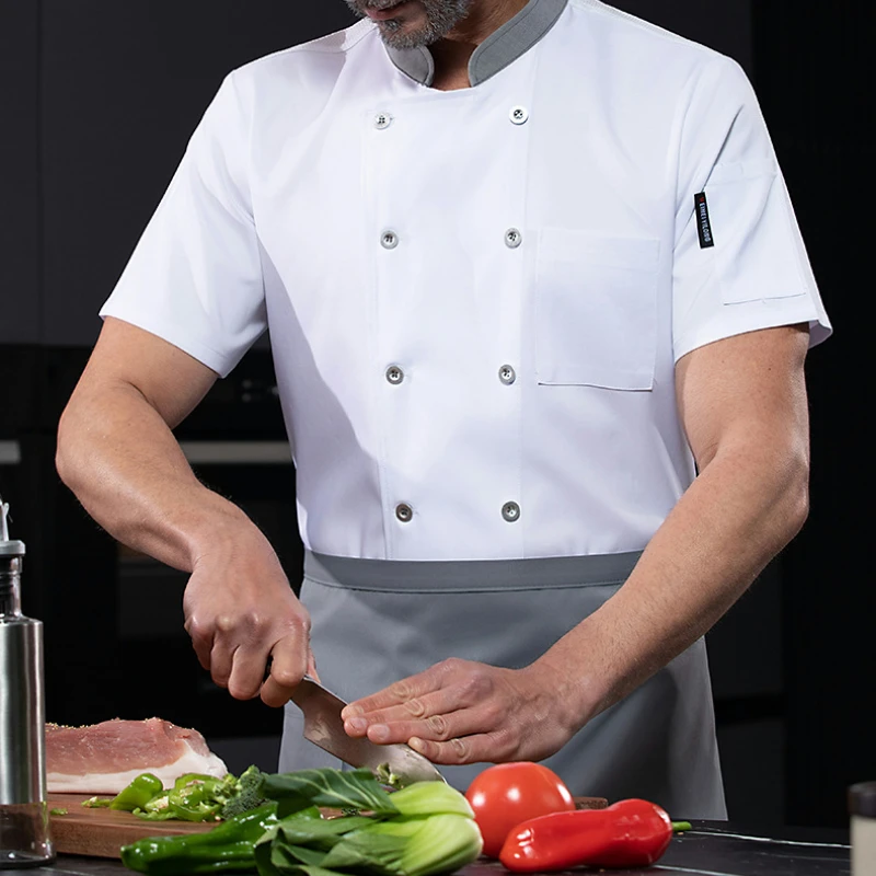 スタイリッシュなボタンシェフジャケット男性プロフェッショナル調理ユニフォーム半袖シェフコートレストラン用