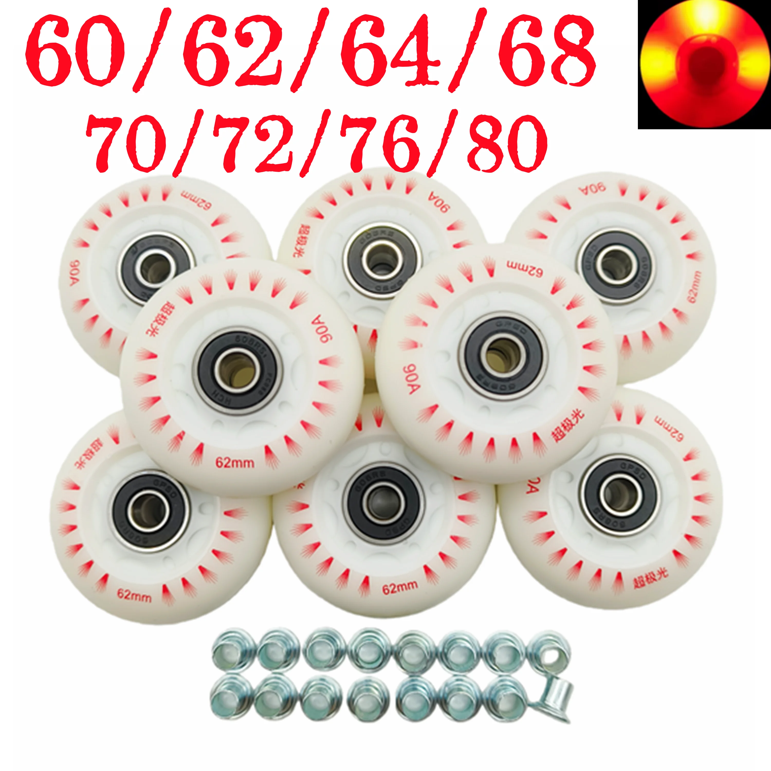 Świecące kółka do wrotek, kółka z podświetleniem, 62mm 64 68 70 MM 90A 8 sztuk / zestaw