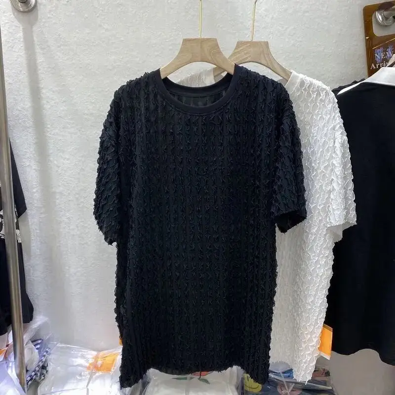 

Female Round Neck Short Sleeve Loose Y2K Tops Ropa De Mujer 2025 Summer Women's Ruffle Simple Casual Black White Tunic T-shirts