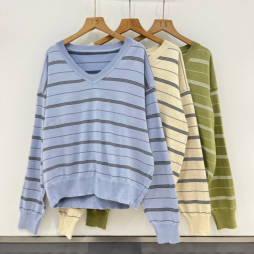 Maglione lungo a righe Sve lavorato a maglia chic V-Ne per donna T-shirt vintage Lazy Sle Fre Age-Defng Top casual Faion