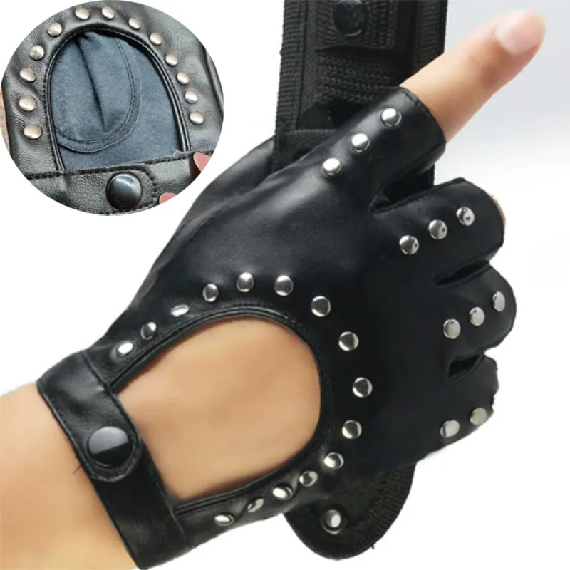 1Pair Gothic Style Punk Short PU Leather Gloves Women Half Finger Fingerless Hip-Hop Driving Motorcycle Handsome Black Gloves