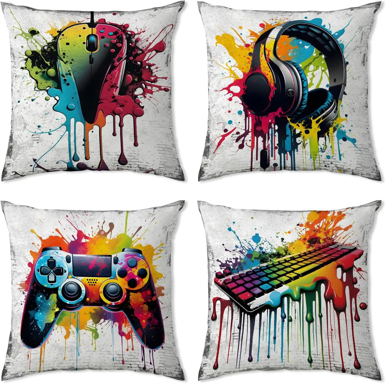 Gaming Pillow Cover for Boys Room Graffiti Game Throw Pillow Cover Sofa Couch Decor 18x18 Set of 4 Teen Video Gamepad Headphones