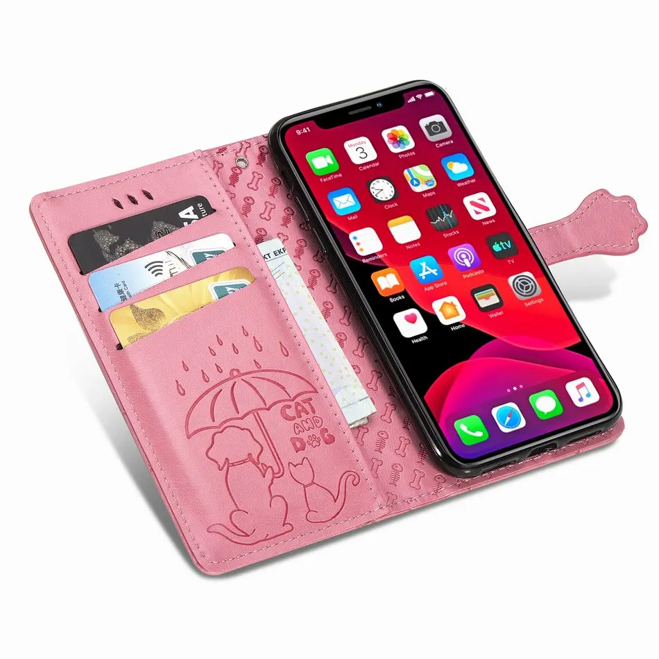 Cute Cat Dog Embossed Flip Phone Case For apple iPhone 11 Pro Max 6 6S 7 8 Plus XR X XS Max Flip.Leather Cover Card Slot D05F