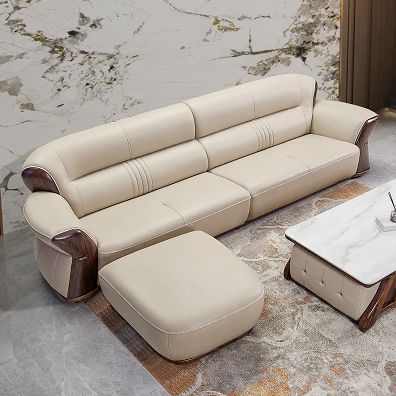 Ebony leather sofa new Chinese villa simple living room walnut color straight row
