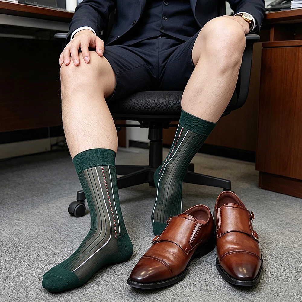 Men's Vertical Red White Stripe Mid Calf Socks - Breathable Thin Mesh Transparent 2 Colors Black Green Sheer Formal Suit Socks