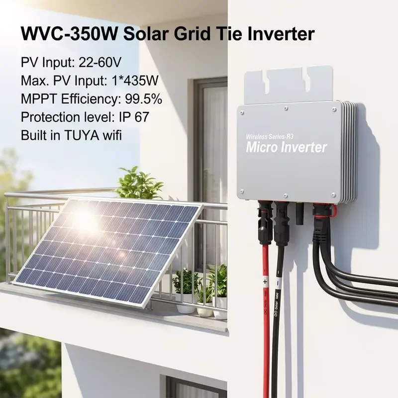 WVC350W Solar Micro Inverter IP65 Waterproof MPPT DC22-60V to AC110V/230V Auto 50/60Hz WiFi Monitoring on Grid Micro Inverter