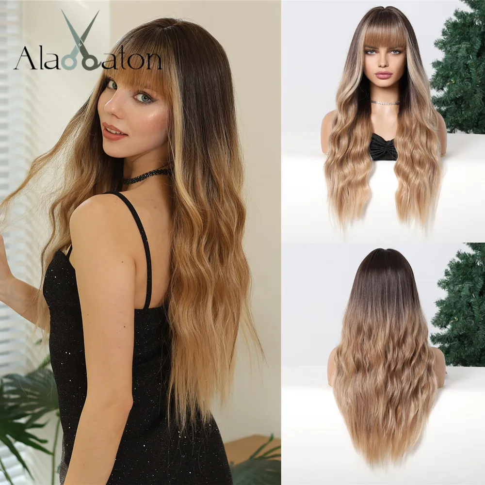 ALAN EATON Long Wavy Wigs with Bangs for Women Ombre Brown to Blonde Wig Dark Roots Synthetic Heat Resistant Wigs for Daily Use